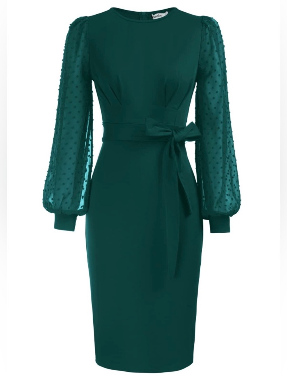 JASAMBAC Women's Bodycon Pencil Dress Swiss Dot Long Lantern Sleeve Work Dress M